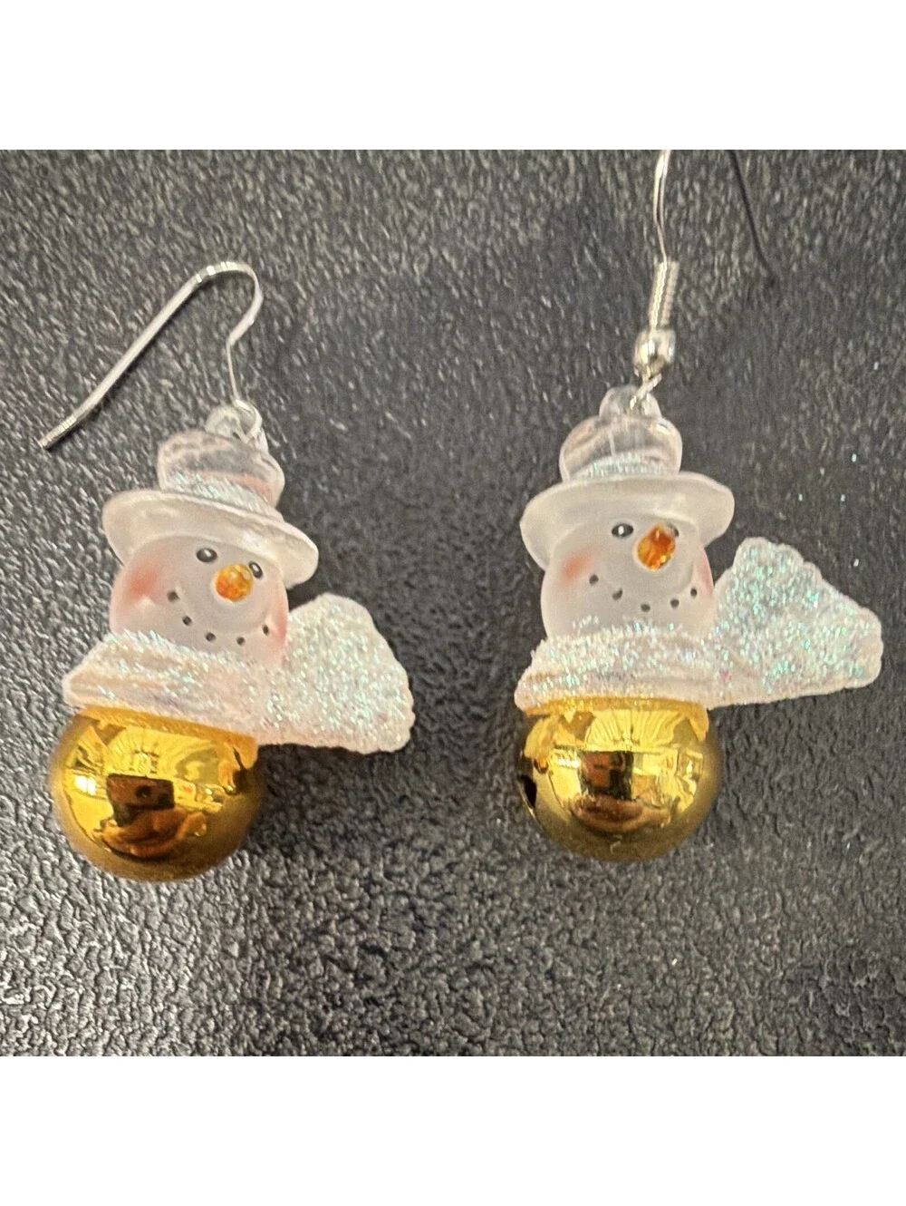 Snowman Dangle Drop Earrings Hook Closure Gold White Plastic Christmas 1.5 in